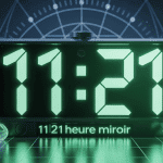 Horloge digitale 11h21 entourée de symboles mystiques