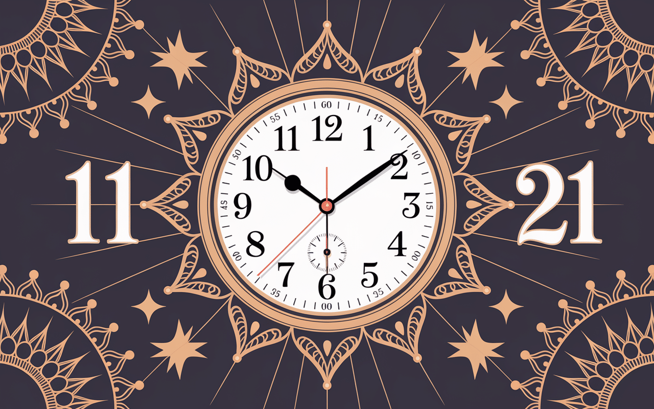 Horloge analogique à 11h21 avec symboles spirituels