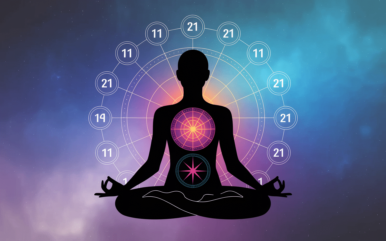 Silhouette en méditation entourée de 11:21 et ondes énergétiques