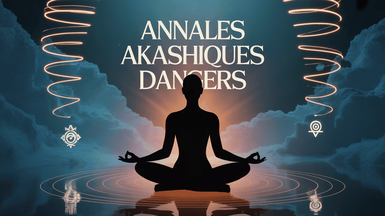 Annales akashiques danger, silhouette en méditation atmosphère mystérieuse