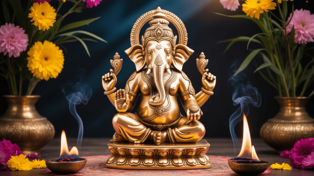 Ganapati statue dorée entourée de fleurs et encens