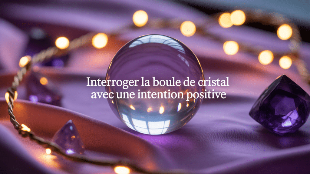 Interroger la boule de cristal voyance positive, boule transparente sur tissu violet, bougies et améthyste