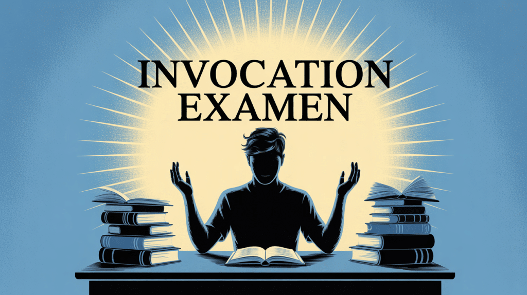 étudiant priant bureau livres ouverture aura dorée invocation examen