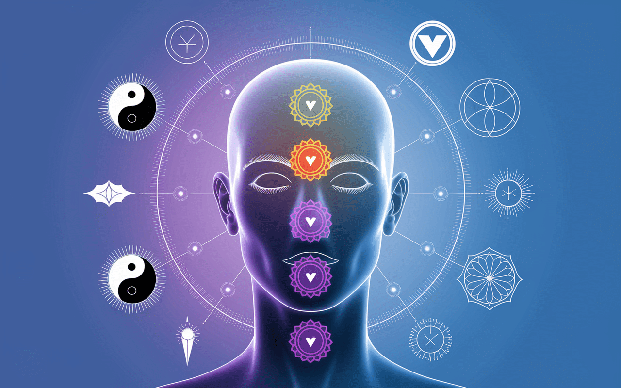 Mal de tête côté gauche signification spirituelle, tête stylisée chakras énergies dorées