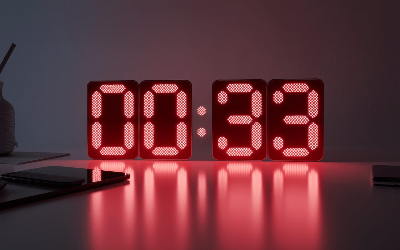 00h33 réveil chiffres répétitifs ambiance nuit