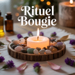 Rituel bougie sur table, cercle pierres, huiles essentielles
