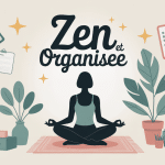 Femme zen et organisée en méditation entourée d'outils d'organisation