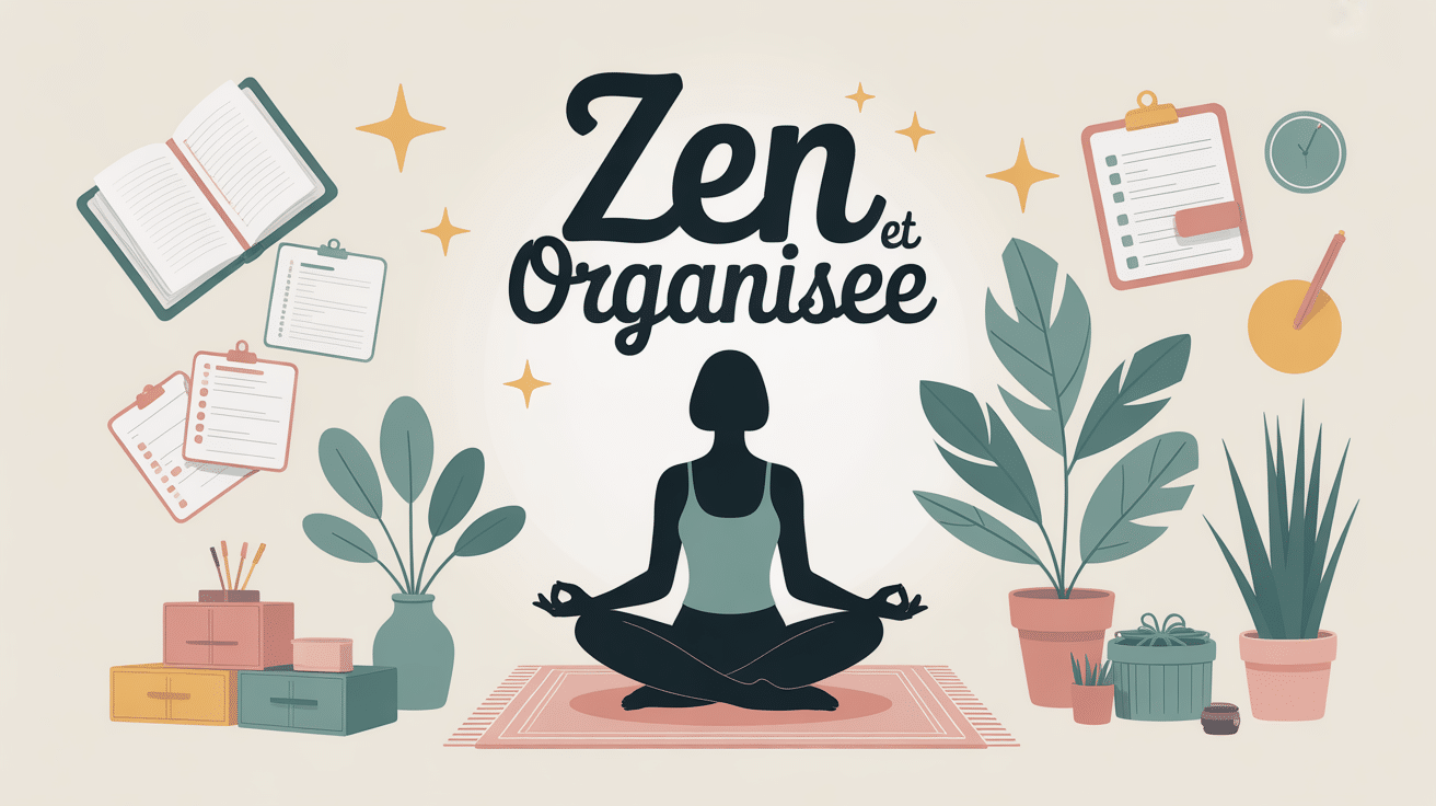Femme zen et organisée en méditation entourée d'outils d'organisation