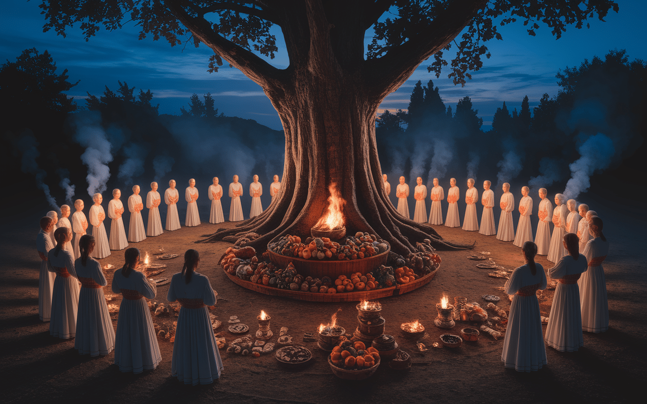 arbre totem rituels cérémonie nocturne offrandes