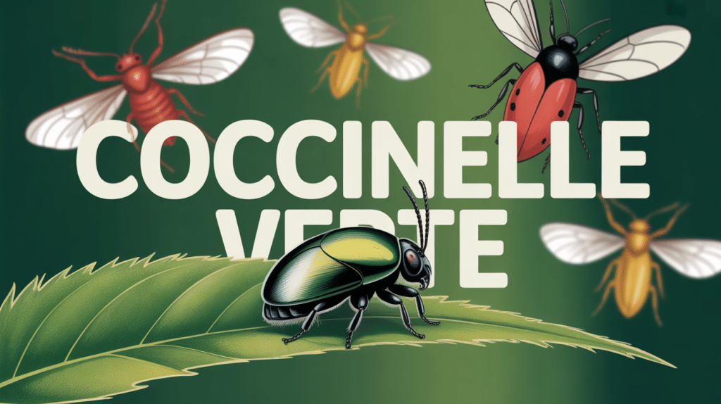 Coccinelle verte stylisée sur feuille, fond insectes colorés