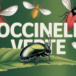 Coccinelle verte stylisée sur feuille, fond insectes colorés