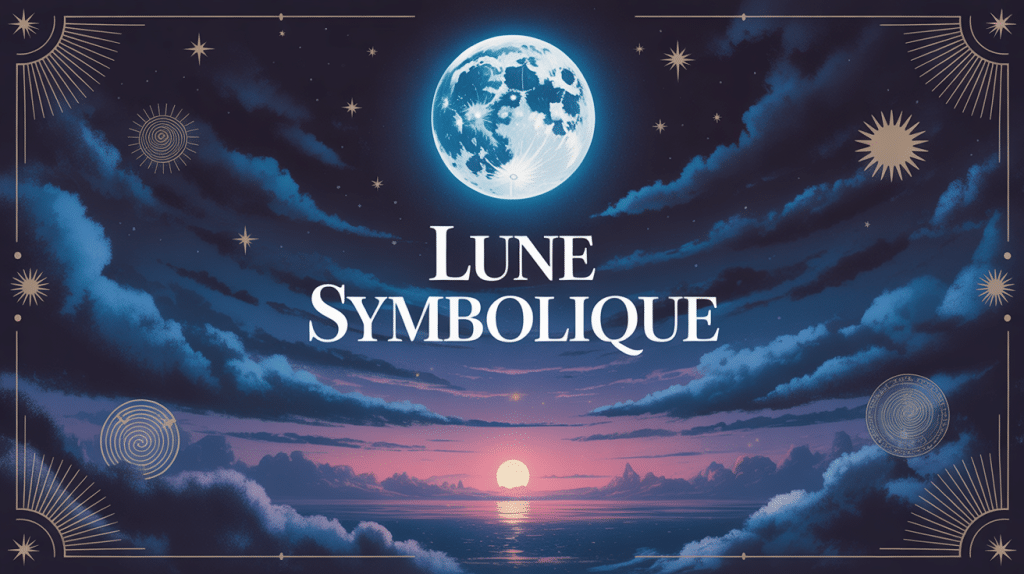 Illustration lune symbolique argentée et symboles anciens