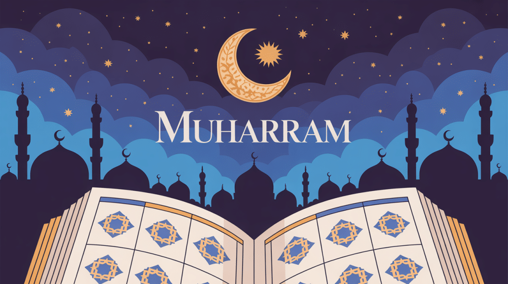 Illustration du croissant de lune et calendrier islamique muharram 2024