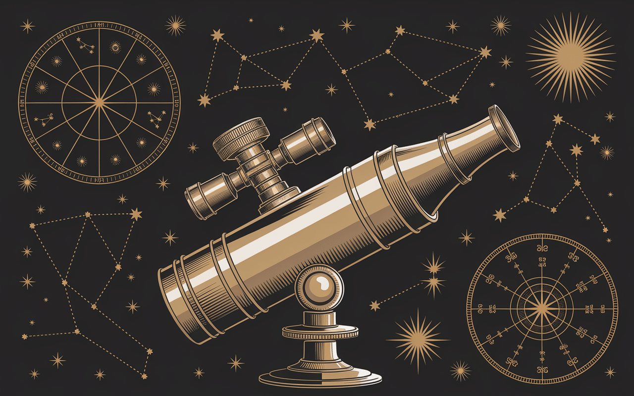 Télescope vintage astrologie roue zodiacale ere du verseau