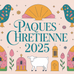 Illustration œufs agneau cloches fleurs paques chretienne 2025