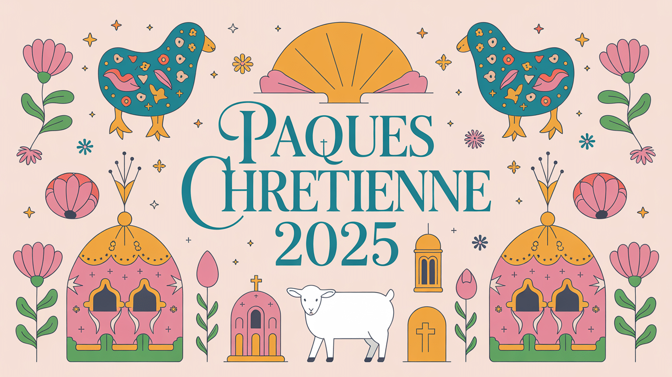 Illustration œufs agneau cloches fleurs paques chretienne 2025