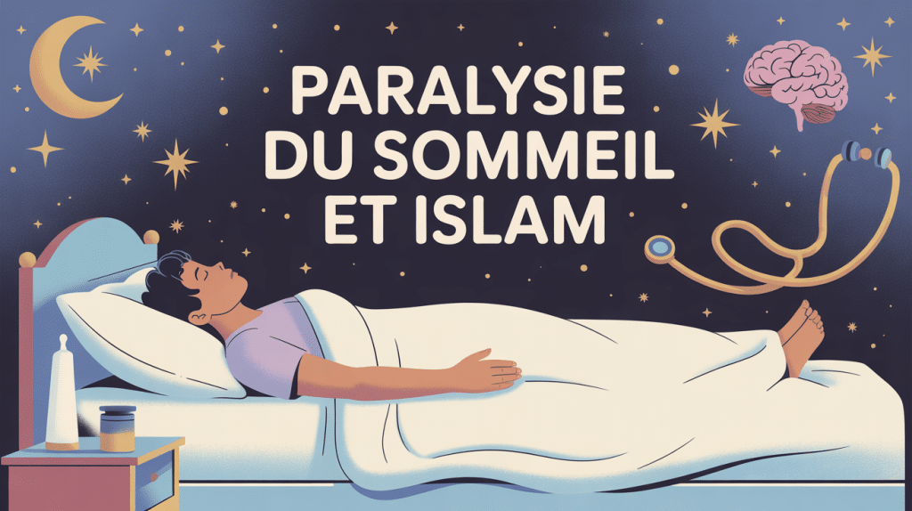 Illustration paralysie du sommeil islam avec symboles spirituels et médicaux