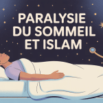 Illustration paralysie du sommeil islam avec symboles spirituels et médicaux