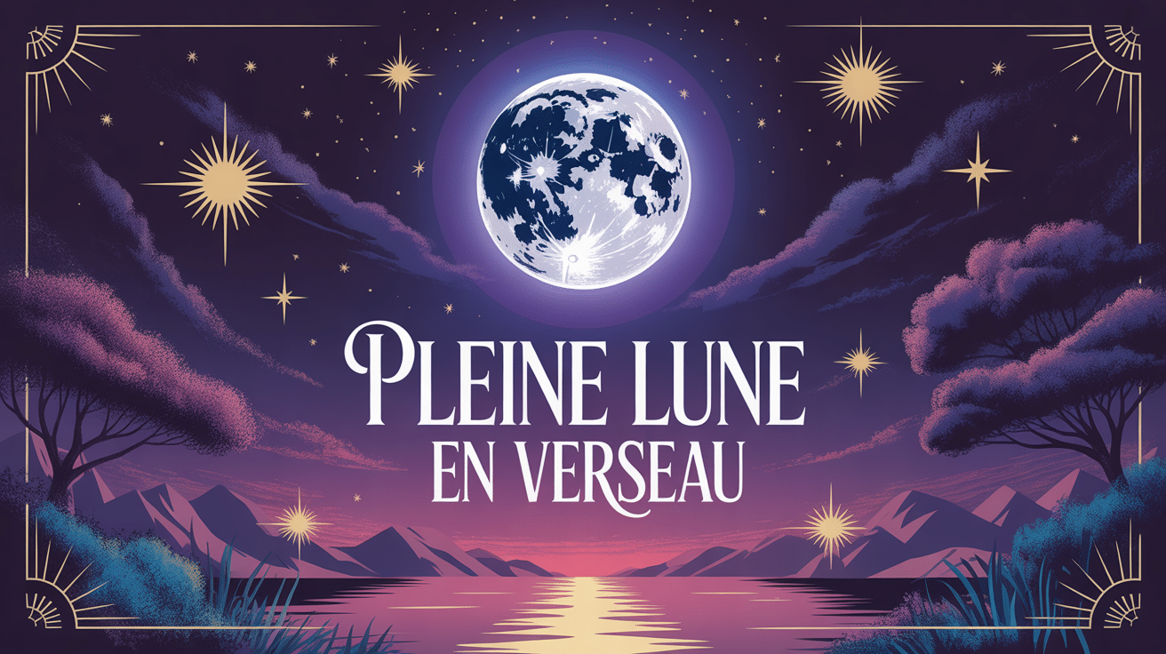 pleine lune en verseau ciel étoilé avec symboles aquarius