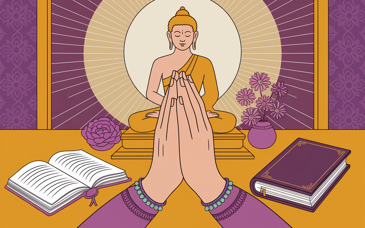 Prières bouddhistes autel bougie mains