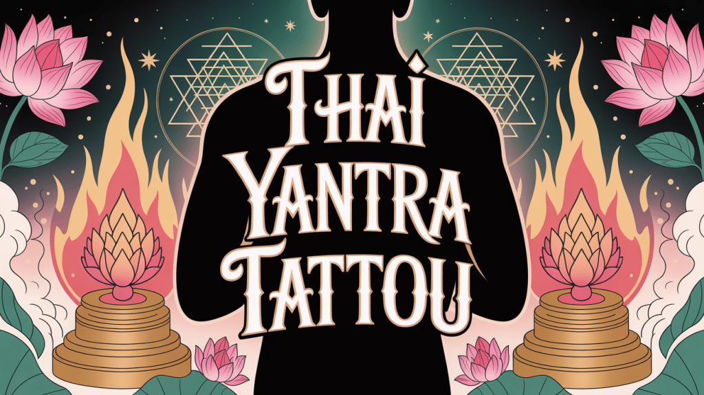 thai yantra tattoo geometrique sacre sur dos masculin lotus encens