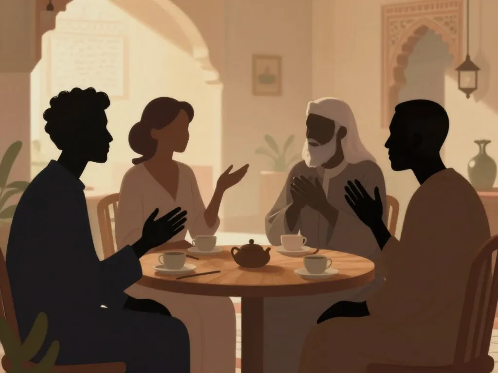 Scène sociale allah y dina respect nuances Maghreb ambiance chaleureuse