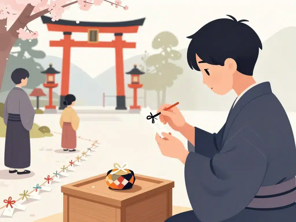 omikuji tirage étape visiteur sanctuaire Japon illustration explicative