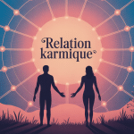 Illustration relation karmique deux silhouettes reliées fils lumineux