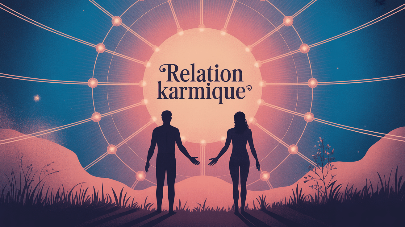 Illustration relation karmique deux silhouettes reliées fils lumineux