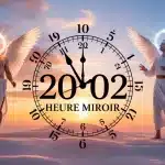 Illustration 20h02 heure miroir avec horloge et symboles de stabilite