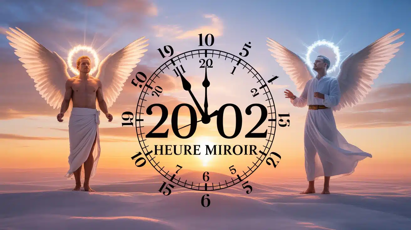 Illustration 20h02 heure miroir avec horloge et symboles de stabilite