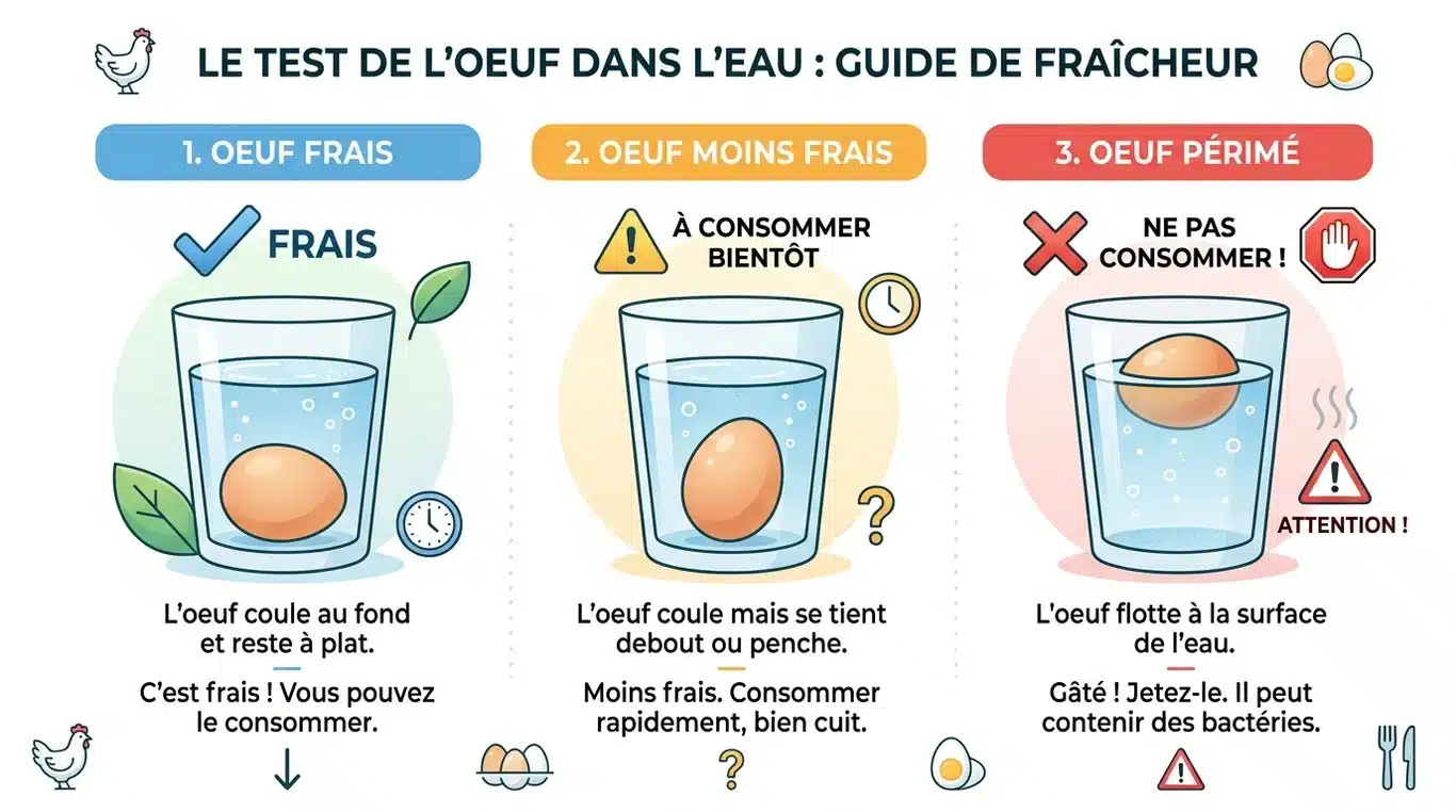 Infographie illustrant le test du verre d'eau pour vérifier la fraîcheur des œufs