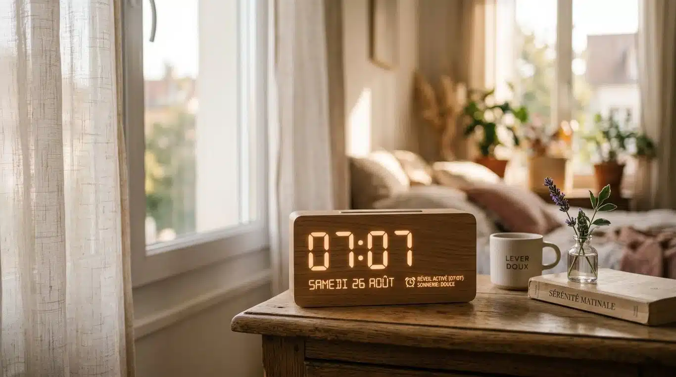 Heure miroir 07h07 affichée sur un réveil dans une lumière matinale douce