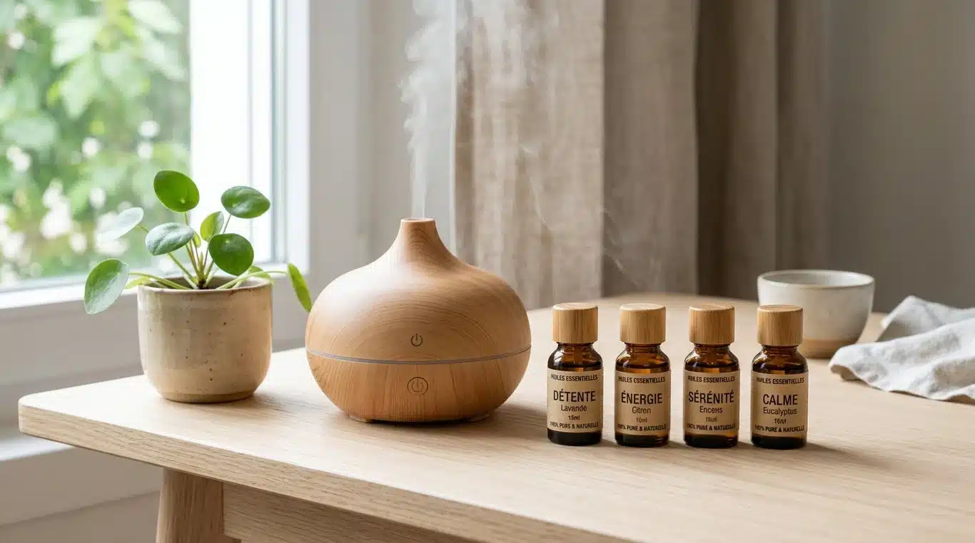 Wellness setup with essential oils and a diffuser