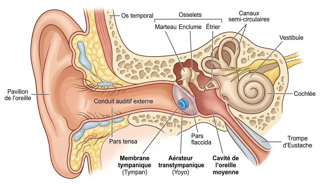 Schéma illustrant la pose d'un aérateur transtympanique (yoyo) dans le tympan