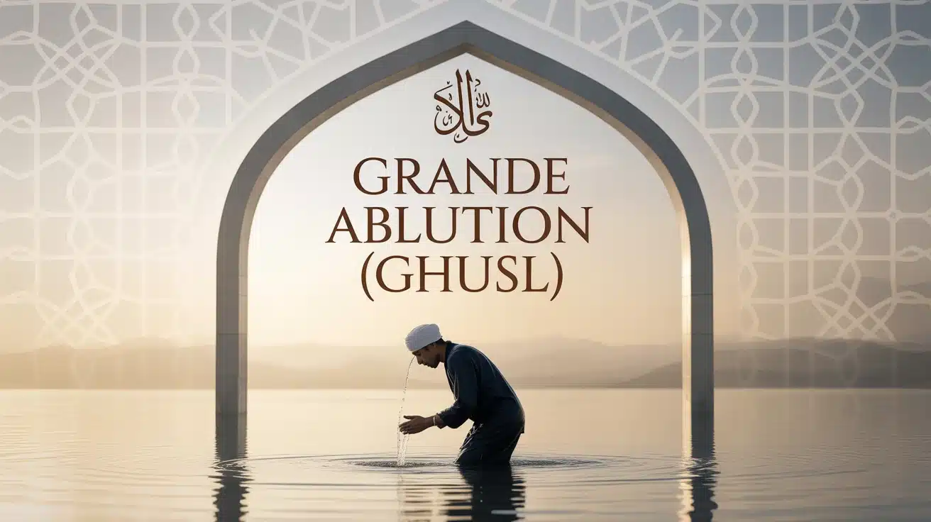 Silhouette en grande ablution ghusl sous eau symbolique avec motifs islamiques