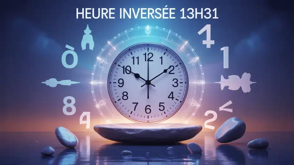 Illustration heure inversée 13h31 avec horloge et symboles spirituels