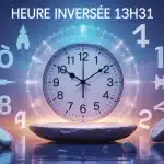 Illustration heure inversée 13h31 avec horloge et symboles spirituels
