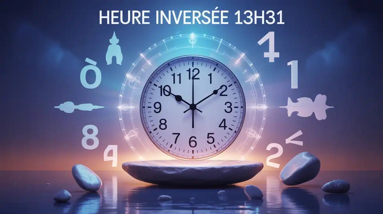 Illustration heure inversée 13h31 avec horloge et symboles spirituels