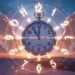 Illustration heure miroir 14h41 avec horloge inversée et symboles mystiques