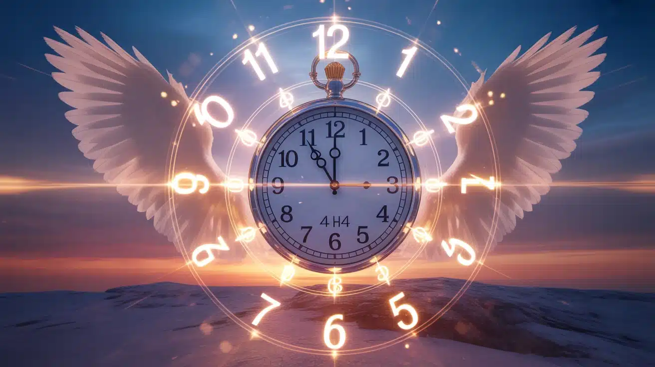 Illustration heure miroir 14h41 avec horloge inversée et symboles mystiques