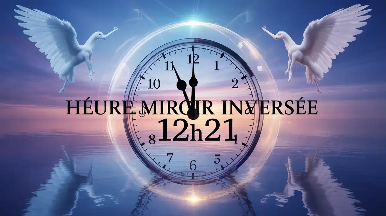 illustration heure miroir inversée 12h21 avec horloge et symboles angéliques