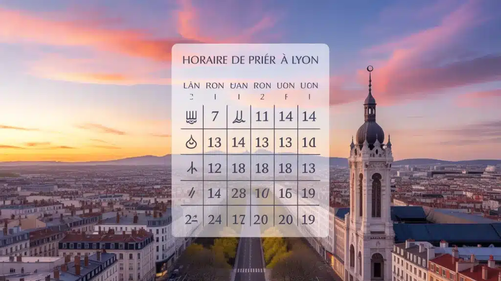 Calendrier de prière à Lyon avec symboles islamiques et paysage lyonnais
