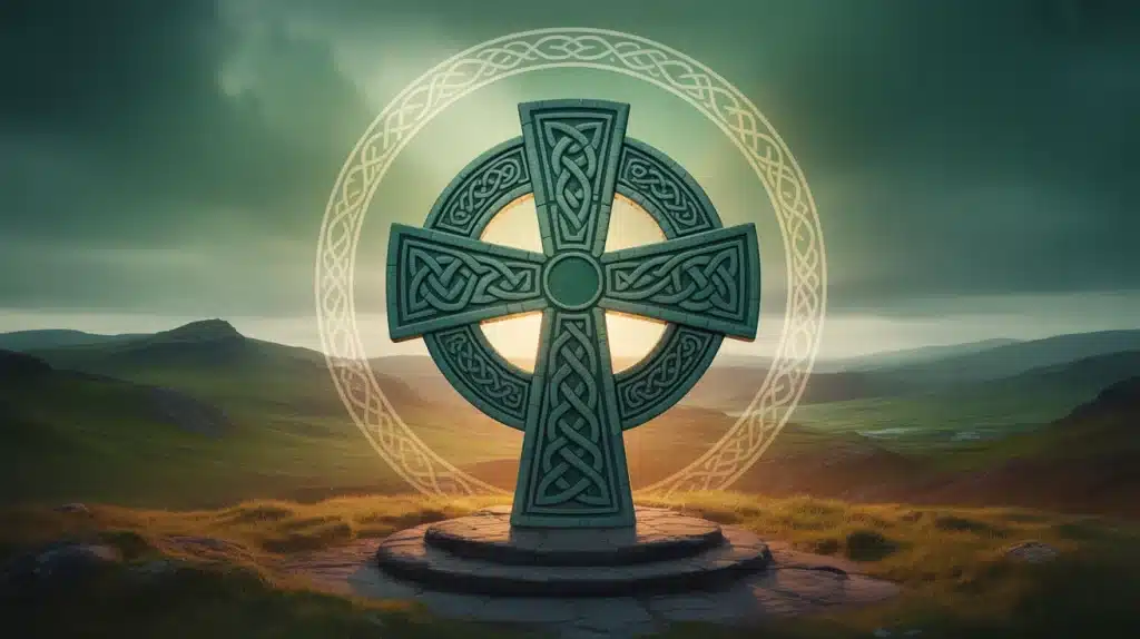 croix celtique avec entrelacs et cercle lumineux