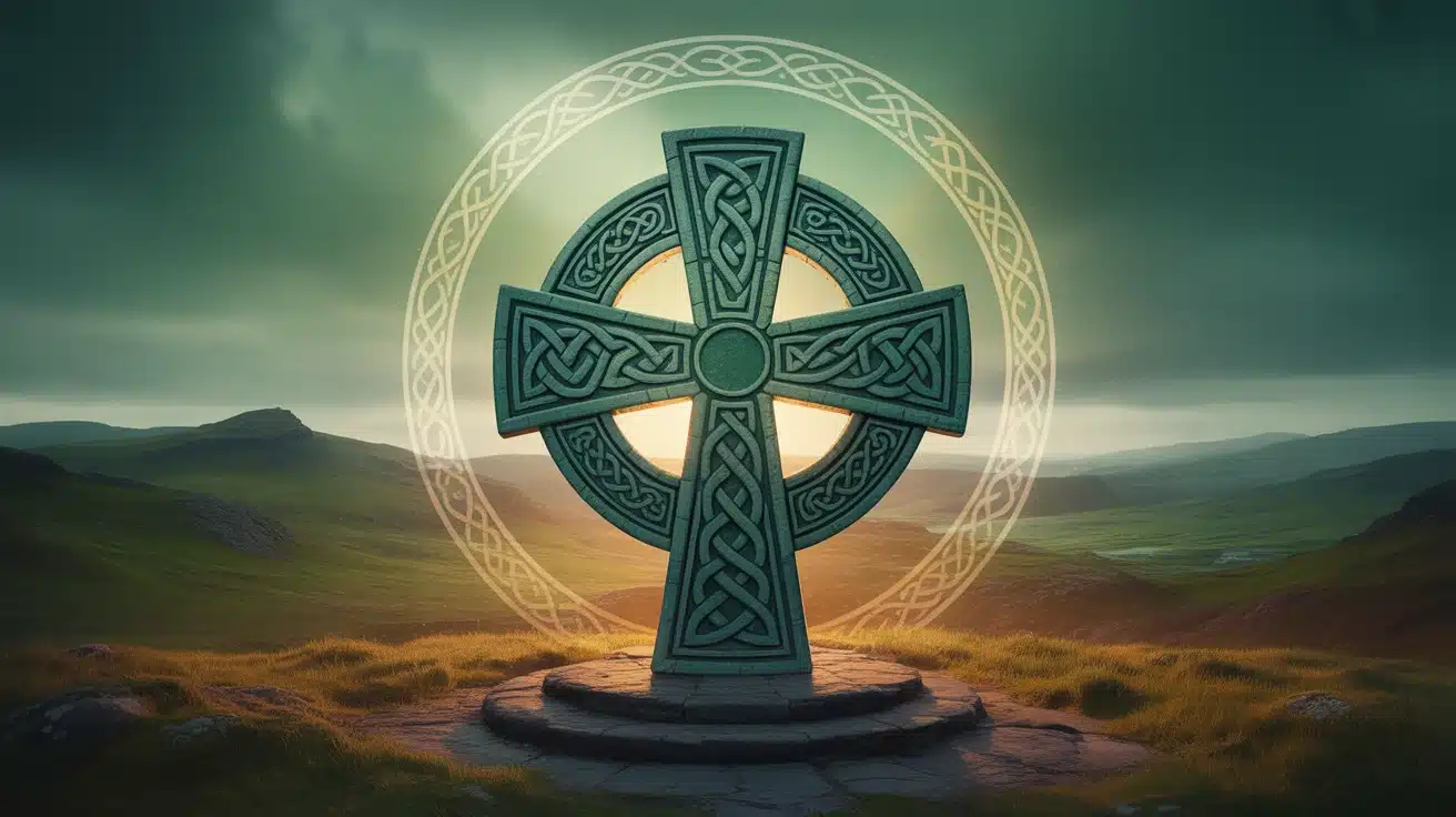 croix celtique avec entrelacs et cercle lumineux