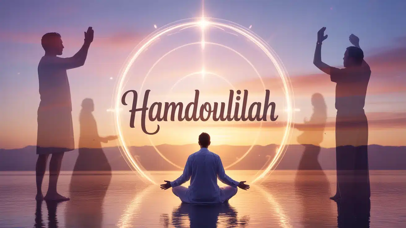 Illustration vectorielle Hamdoulilah avec cercle lumineux et prière