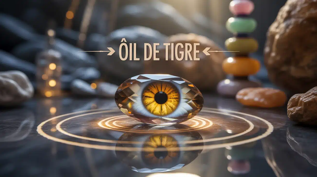 Illustration œil de tigre pierre précieuse chatoyante jaune doré et brun