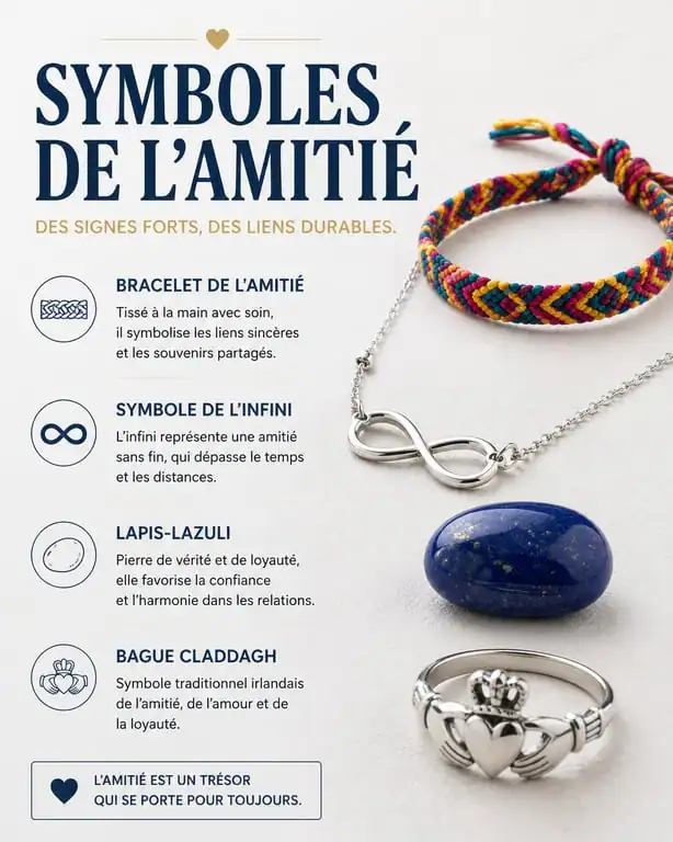Symboles d'amitié : bracelet, infini, lapis-lazuli et bague Claddagh