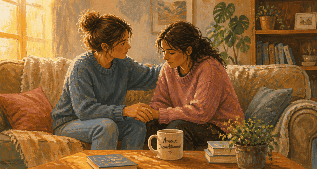 amour inconditionnel deux personnes réconfort salon