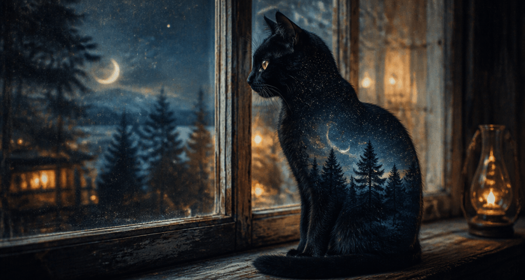 chat noir message spirituel devant fenêtre forêt étoilée